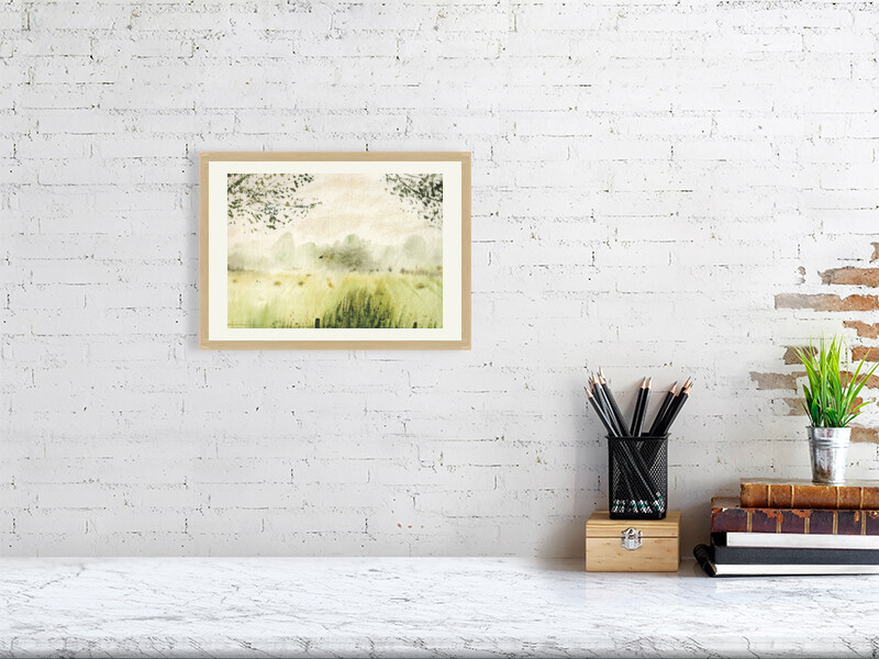 Artists on Cards Ltd a052b6db57d7468484bd67a50d9417e0 Early Morning Bird in Mist Watercolour Print – Misty Landscape Wall Art  