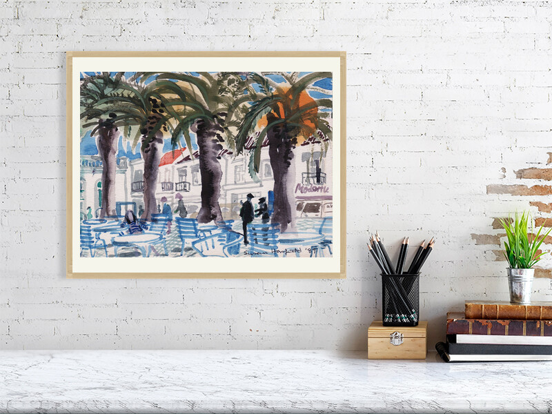 Artists on Cards Ltd e7d051d5ebca4592845036f455dce409 Tavira Palms & Side Street Café, Portugal – Landscape & Place Wall Art Print  