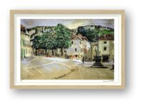 The Centre, Saint-Antonin-Noble-Val Giclée print by Susan Horsfield showing the village square, trees and traditional French buildings.