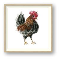 Chestnut Cockerel painting in mixed medium with mount and oak frame