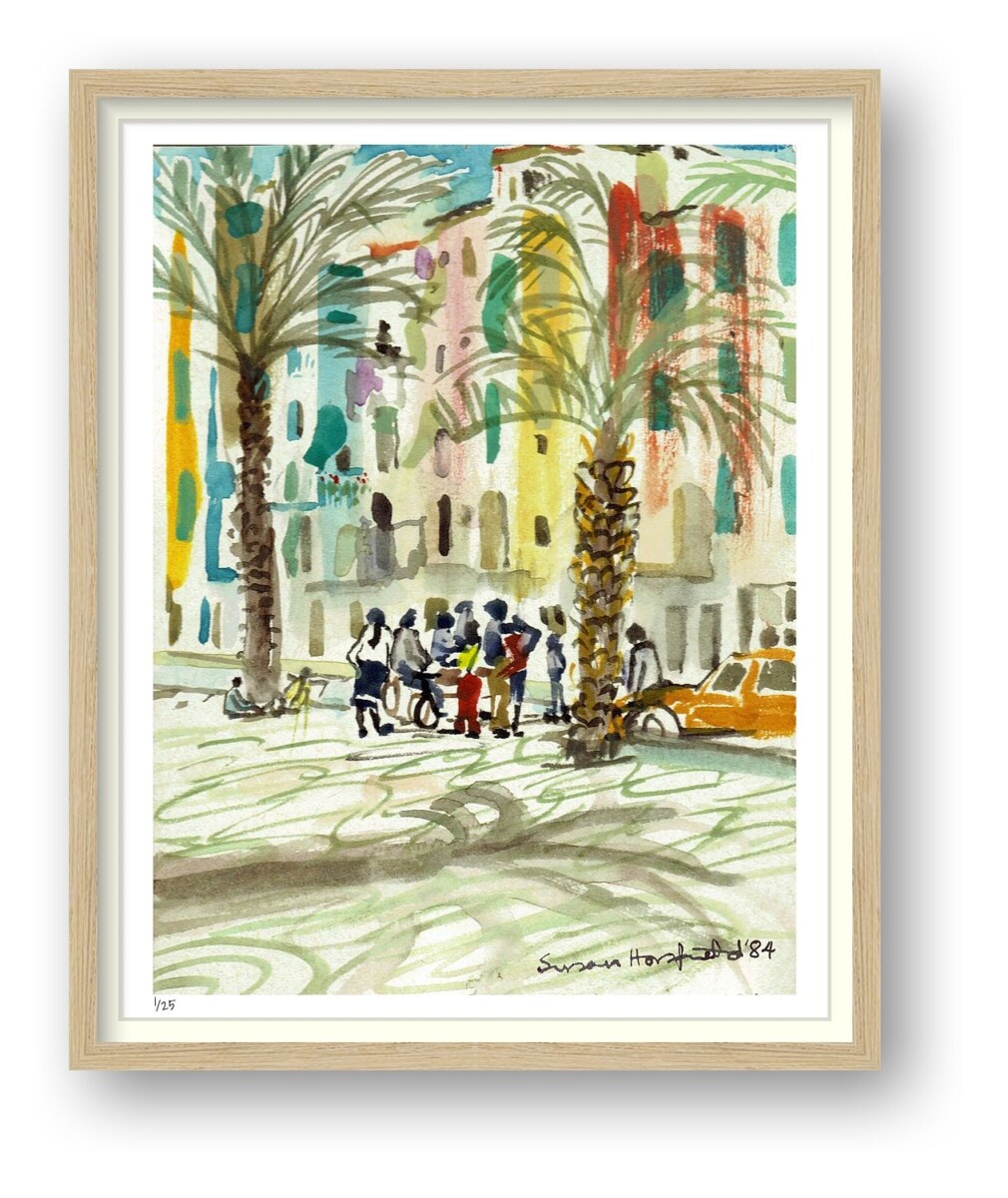 Artists on Cards Ltd 3b232d68-38f0-4f9a-b92a-58303a08604c Tavira Side Street and Gathering – Framed Giclée Watercolour Print  