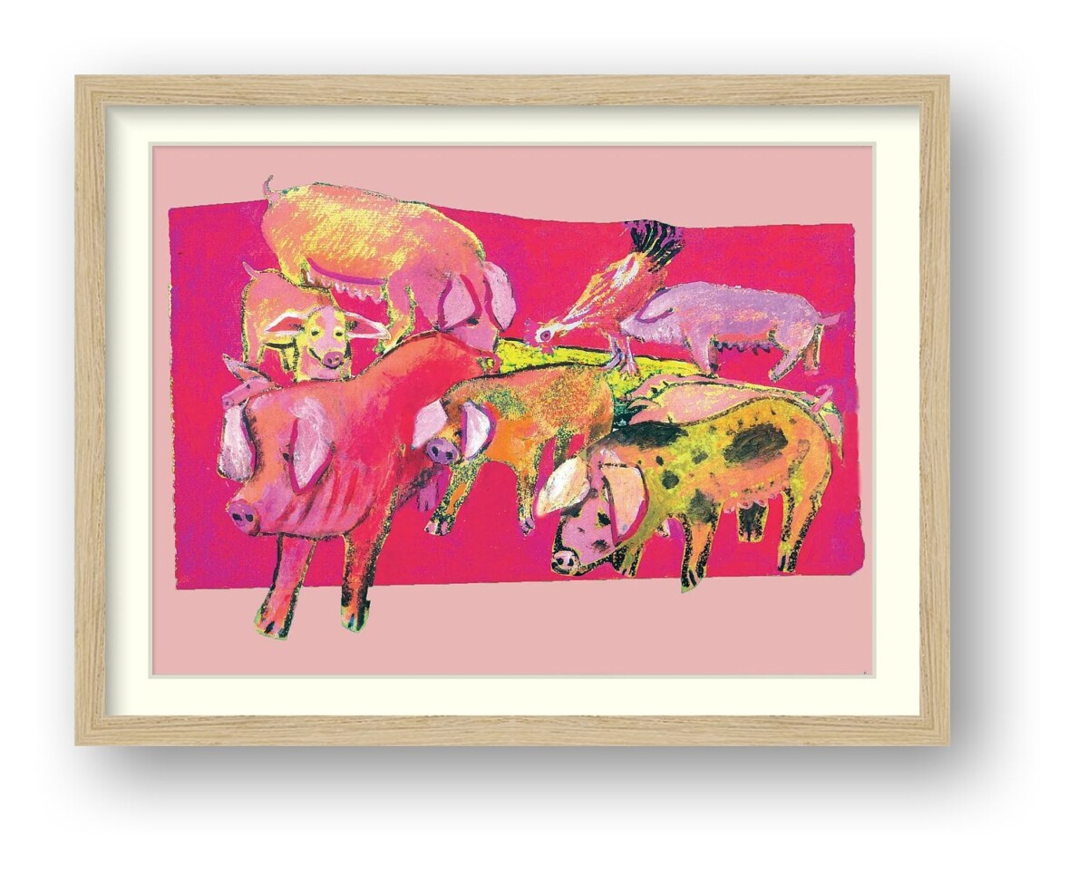 Artists on Cards Ltd 542a7e56-3161-4321-be14-193ec306cc87 The Pig Parade – Colourful Framed Pig Art Print