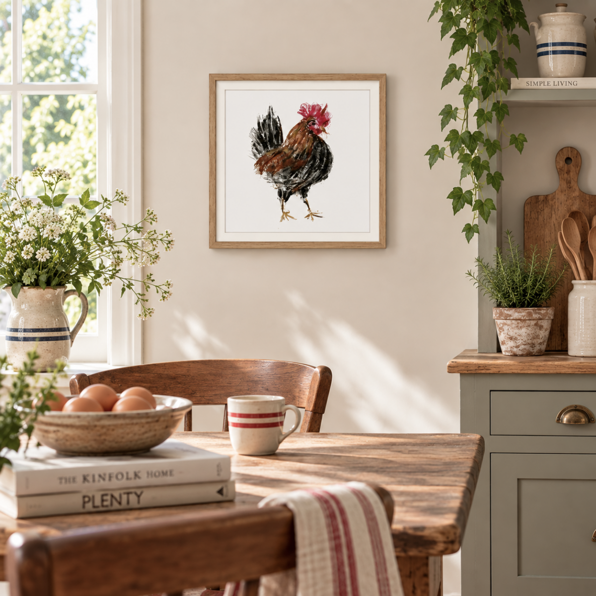 Chestnut cockerel hanging on sunlit kitchen wall.