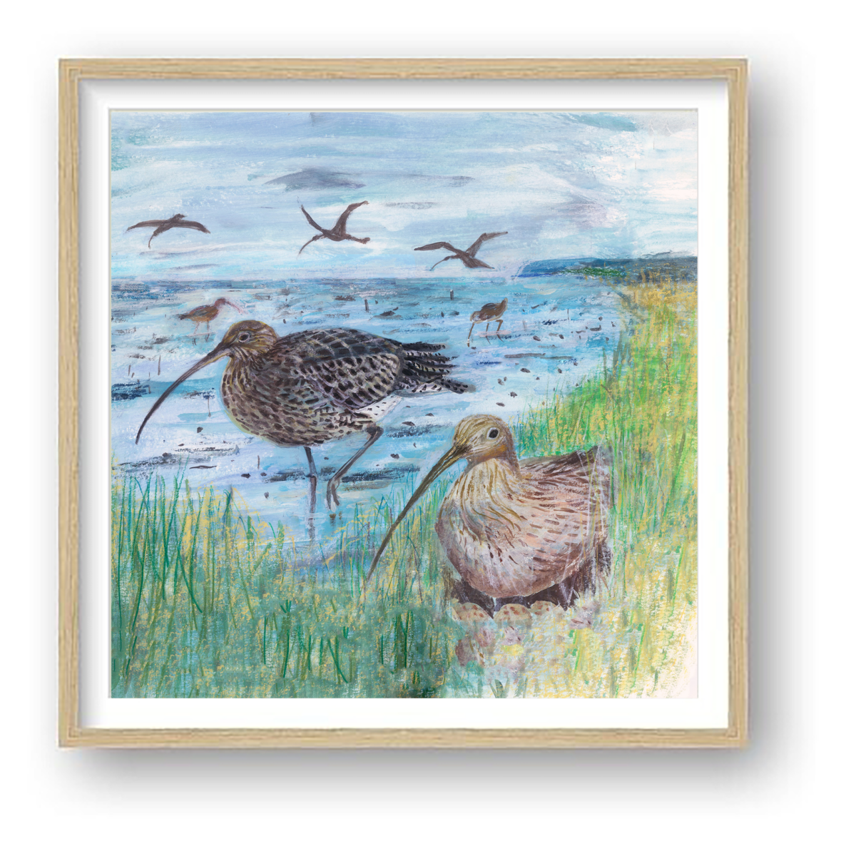 Artists on Cards Ltd Curlews-for-website.-frame-and-mount_ Curlew Art Print | Coastal Bird Wall Art | AOC Editions