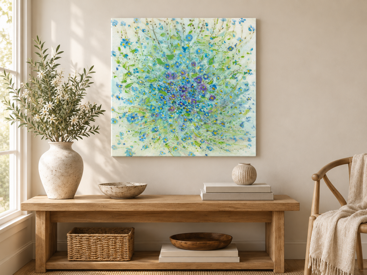 Forget-me-not canvas print in blues, purples and greens hanging on a wall.