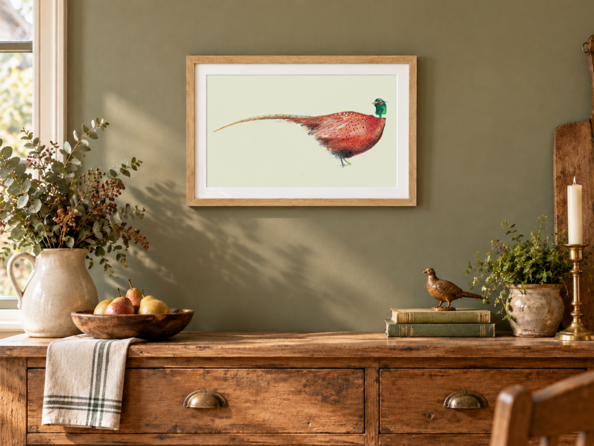Pheasant framed Giclée print by Susan Horsfield showing a russet pheasant with a green head and long tail on a pale background.