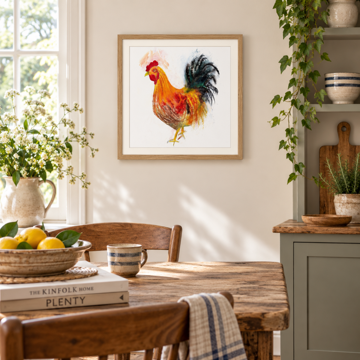 Golden Cockerel framed print hanging on a kitchen wall.