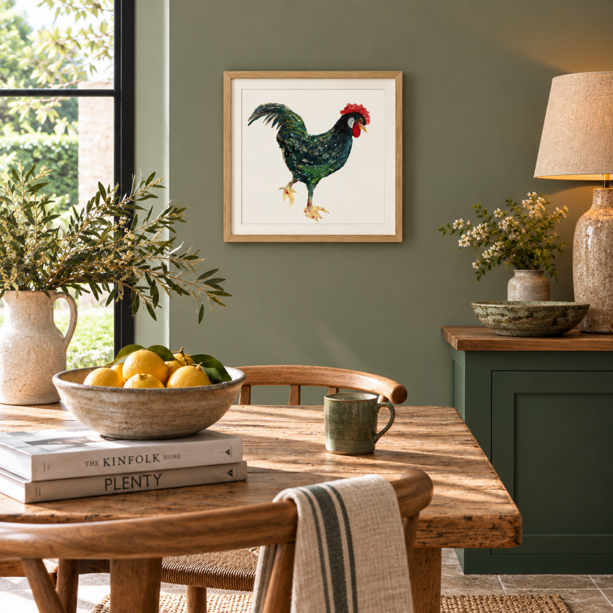Green Lenny Cockerel Collage framed and mounted print.