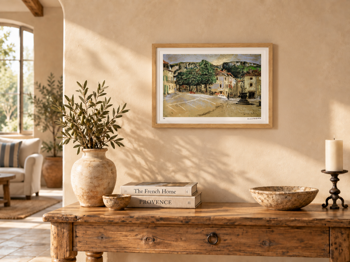 The Centre, Saint-Antonin-Noble-Val Giclée print by Susan Horsfield showing the village square, trees and traditional French buildings.
