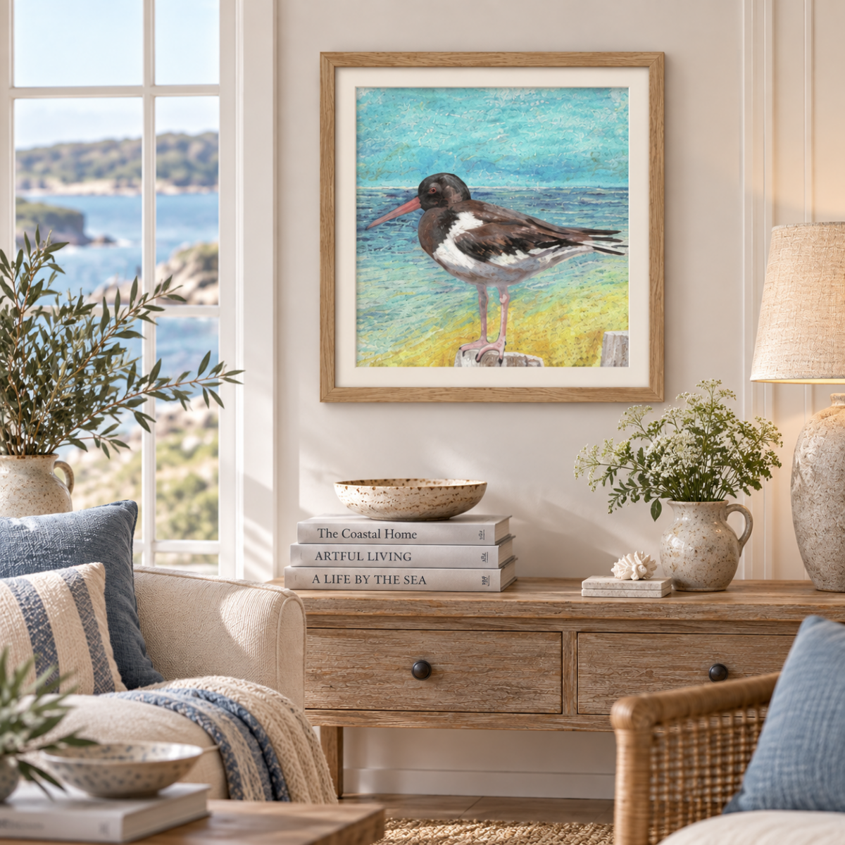 Oystercatcher from original painting in framed print hanging on a sunlit wall by the coast.