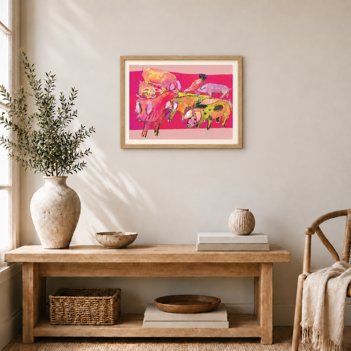 The pig parade collage in warm pinks and ochres printed giclee print with ivory mount and oak frame.