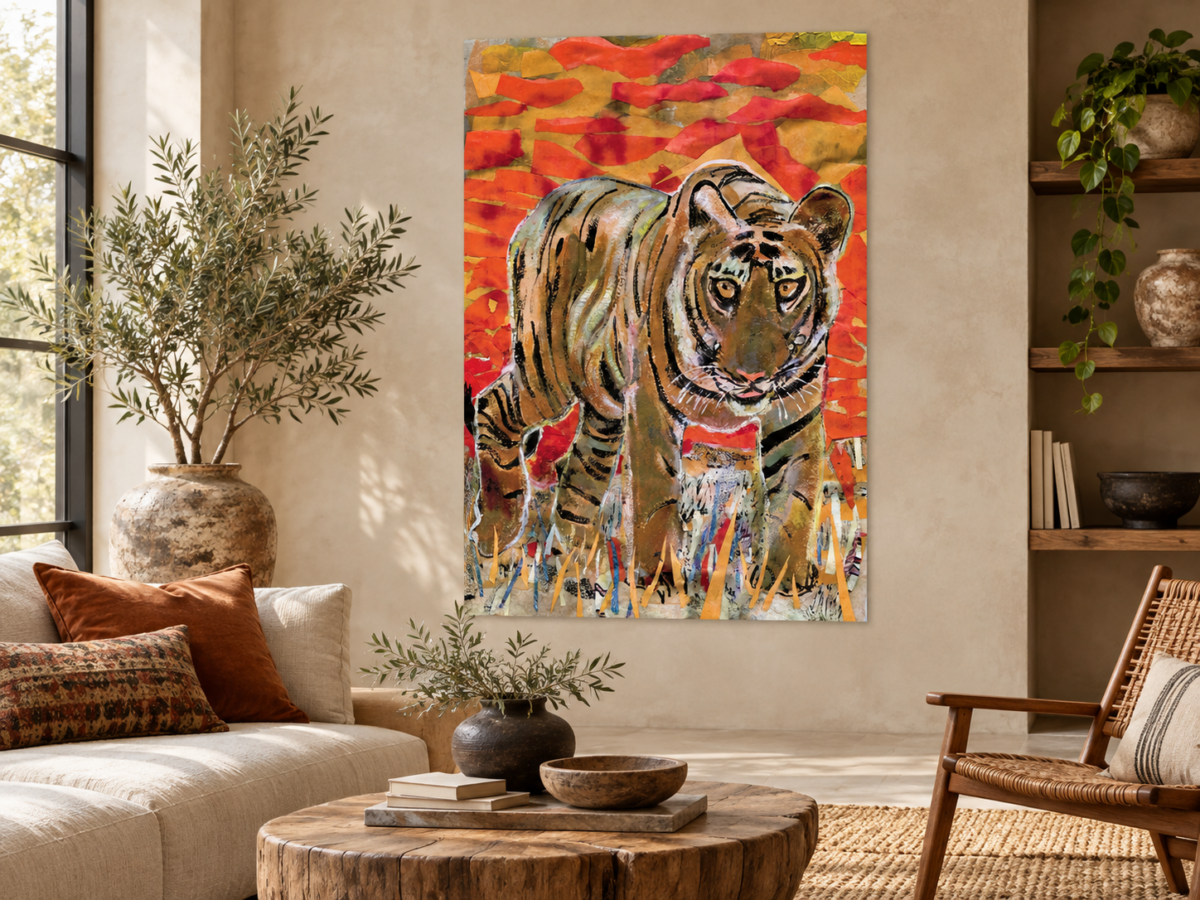 Tiger Collage by Susan Horsfield, unframed giclée print of a tiger with a warm orange collage background.