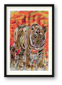 Tiger Collage by Susan Horsfield, framed giclée print showing a tiger against a warm orange and red collage background.